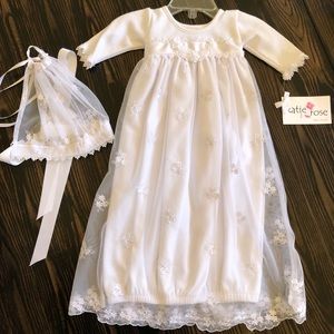 Matching baby dress/gown and cap/bonnet